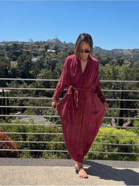 Maria Cauldron Dress Burgundy dyed red wrap maxi robe belt festival outfit  OS